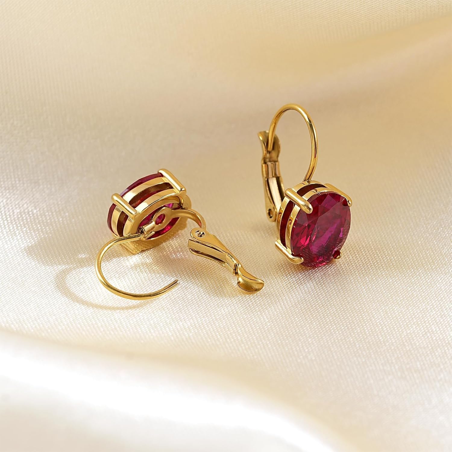 Cut-Oval Birthstone Leverback Earring for Women 18k Gold Electroplated Hanging Lever Drop Earring Oval Synthetic Gemstone CZ Earring Jewelry Birthday Gift for Her