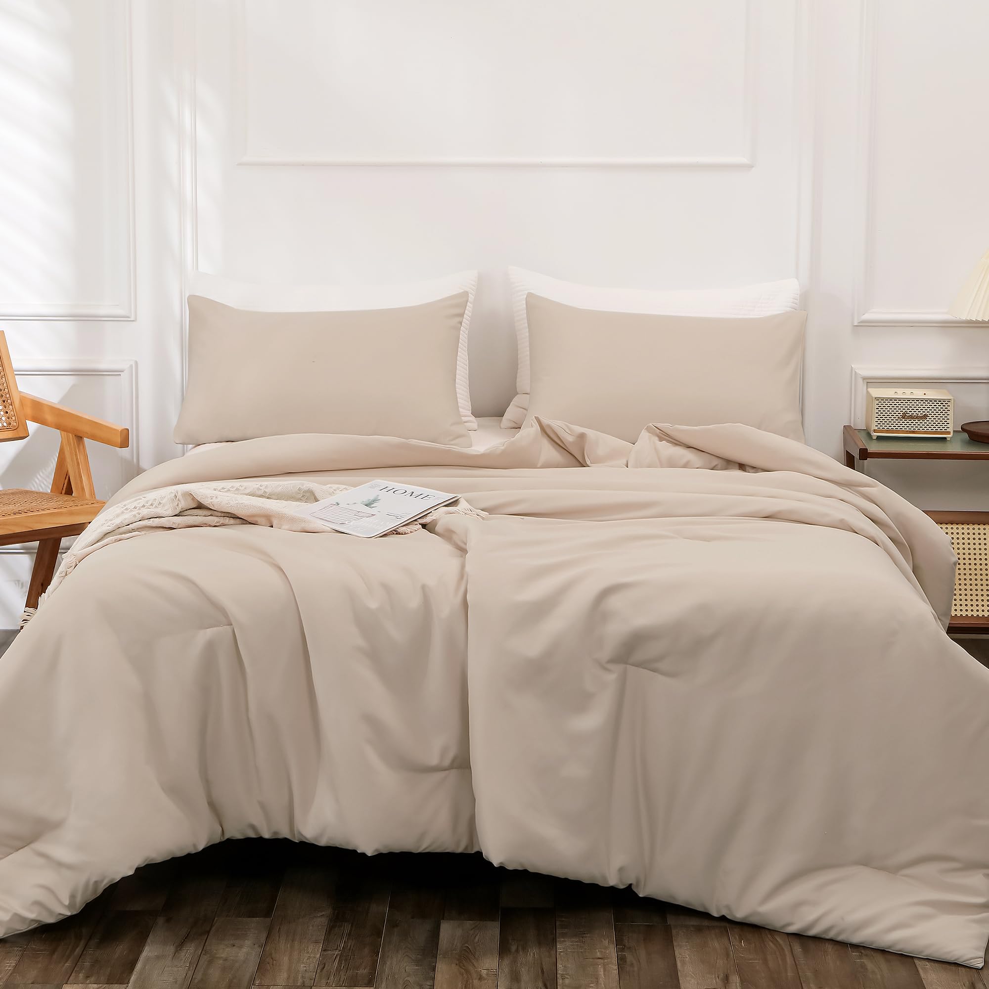 ATsense Comforter Set King, 3 Piece Tannish Linen Grey Bedding Comforter & Sets for Women and Men, Soft and Lightweight Reversible Microfiber Duvet Insert for All Seasons, Durable and Easy Care