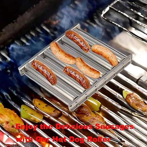 Miniatura 3 de SmaUnicorn Rodillo de acero inoxidable para perros calientes para parrilla, estante de rodillo de salchicha para barbacoa con mango de madera extra