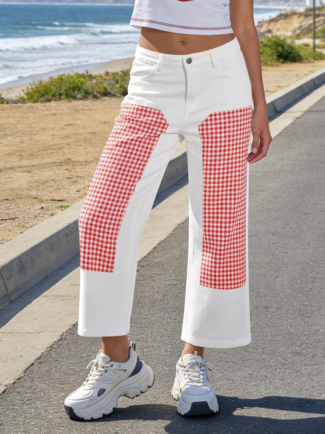 Tankaneo Womens Cropped Jeans Casual High Waisted Patchwork Pants image 3