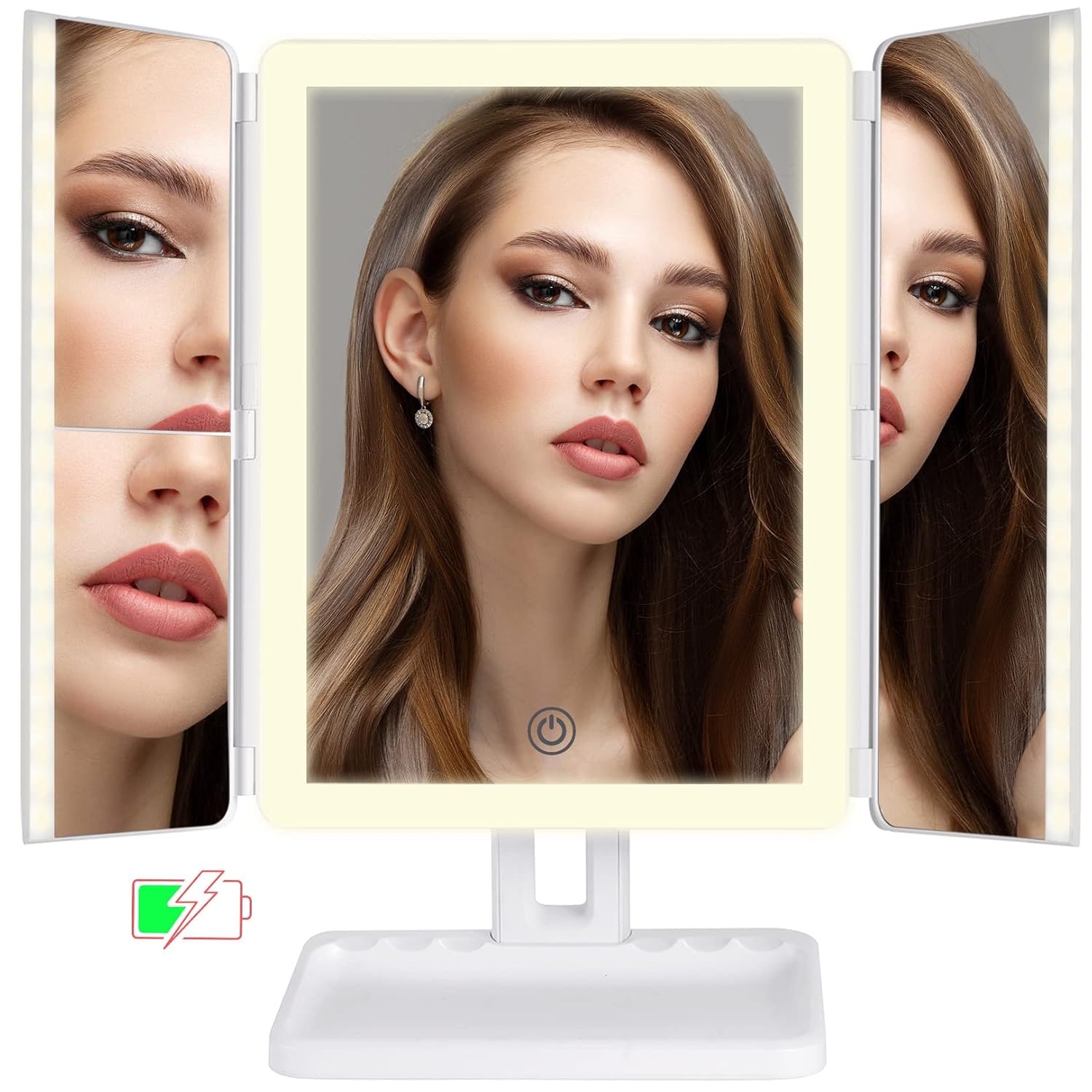 FASCINATE 176 LED Rechargeable Makeup Vanity Mirror with Lights, 2X 3X Magnifying Makeup Mirror with Lighting,Cordless Trifold Light up Mirror, 3 Color Lights Cometic Mirror White
