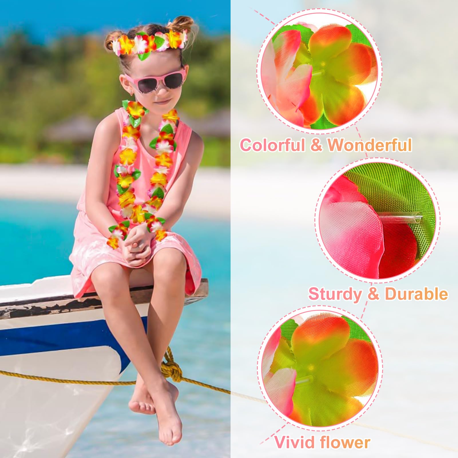 Set De Colliers Hawaïens - Lei Fleuri Avec Bandeau Et Bracelets Pour Fête Luau Ou Plage