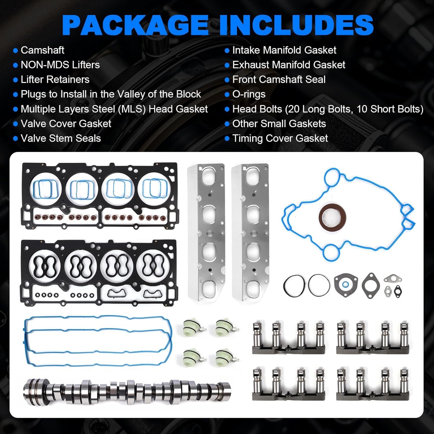 NON MDS Lifter and Camshaft Kit w/Head Gaskets & Bolts Compatible with 2009-2015 Dodge Ram 1500 Durango 5.7L Hemi V8 53022263AF 53021720AB NON MDS Kit