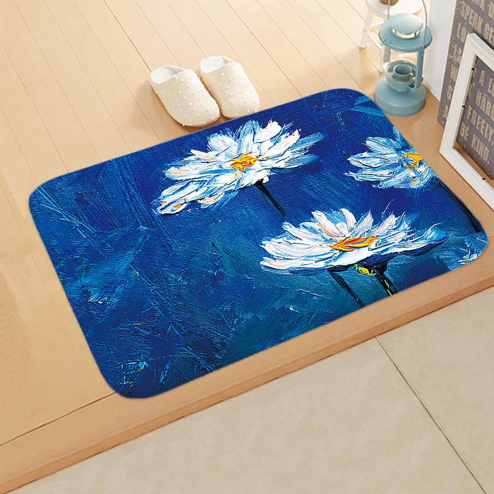 Tapis de couloir bleu marguerite blanc 80x120cm lavable et antidérapant