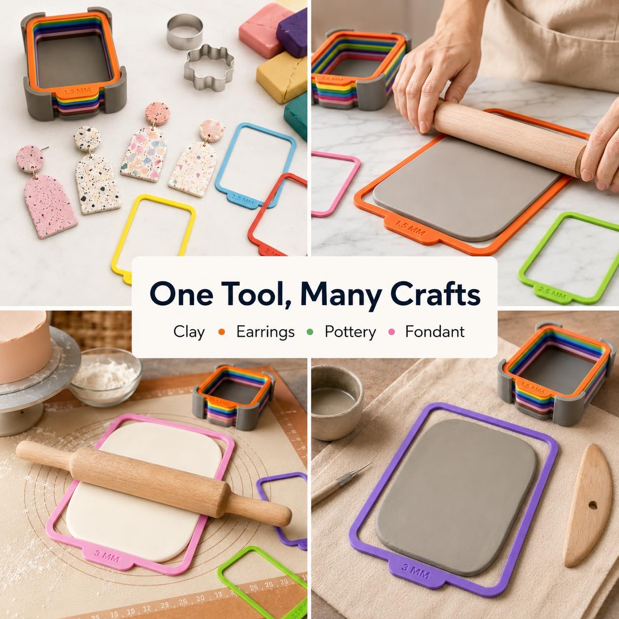 Juphex Polymer Clay Thickness Guides with Stand, 9 Color-Coded Depth Guide Tools for Precision Rolling (1mm to 5mm), 3D Printed PLA Frames for Earring Making, Pottery, and Dough Crafting