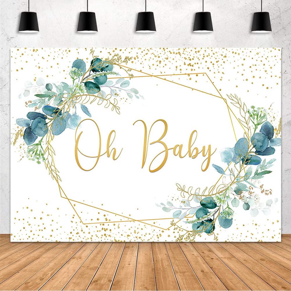 Photo 1 of AIBIIN 7x5ft Greenery Oh Baby Backdrop Green Eucalyptus Leaves Gold Glitter Neutral Baby Shower Background Baby Shower Decorations Newborn Party Cake Table Decor Banner