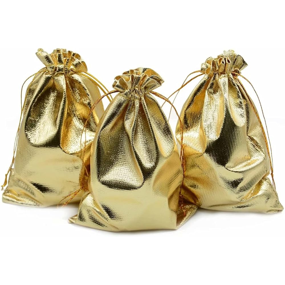 BEAVOING Pack of 100 5x 7 Heavy Duty Gold Drawstring Organza Jewelry Pouches Wedding Party Christmas Favor Gift Candy Chocolate Bags (Gold, 5x 7)