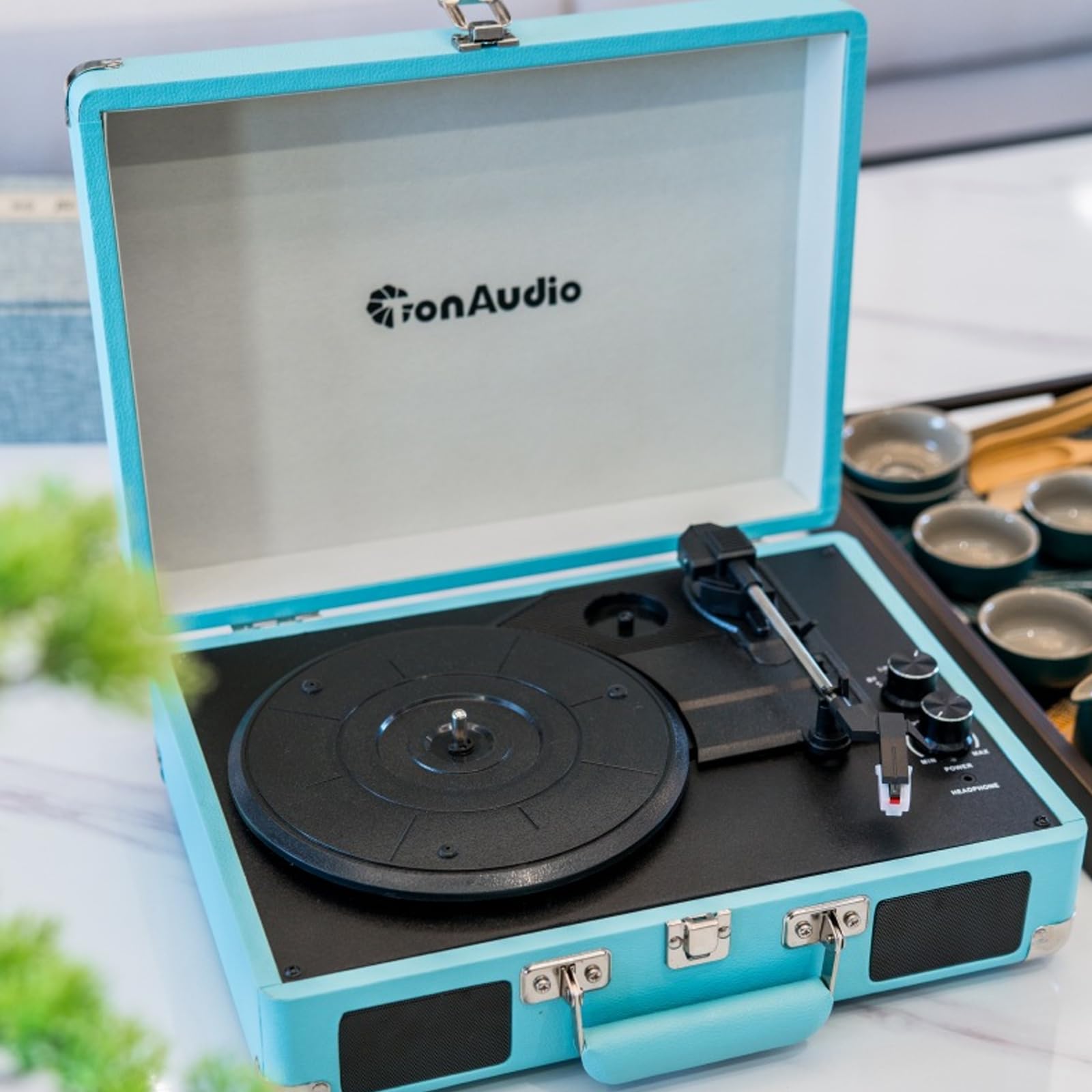 Giradischi Bluetooth in Vinile - Dischi in Vinile da 7/10/12", 33/45/78 Giri, Design Portatile a Valigia, 2 Altoparlanti Stereo, Pelle, intrattenimento Domestico e Decorazione, Blu