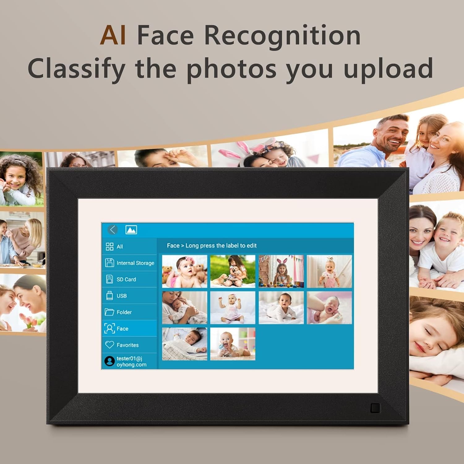 Digital picture frame showcasing features like Gravity Sensing, Motion Detection, and Auto Turn On/Off