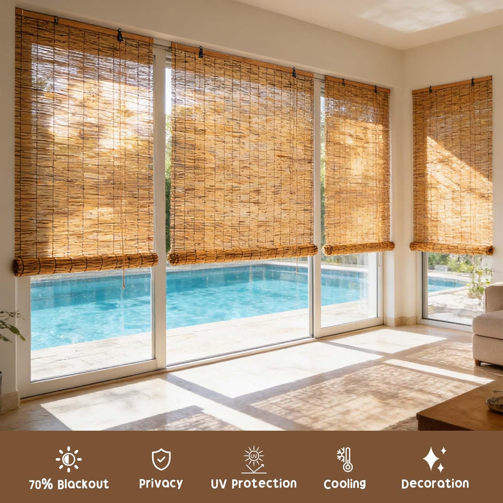Naturel Store Enrouleur Roseau Store Bambou Intérieur Exterieur Imperméables Rideau de Paille Occultant 70% Anti-UV Intimité Pour Terrasse Jardin Gazebo 50 90 100 140 150 160cm Sur Mesure(W160xH200cm)