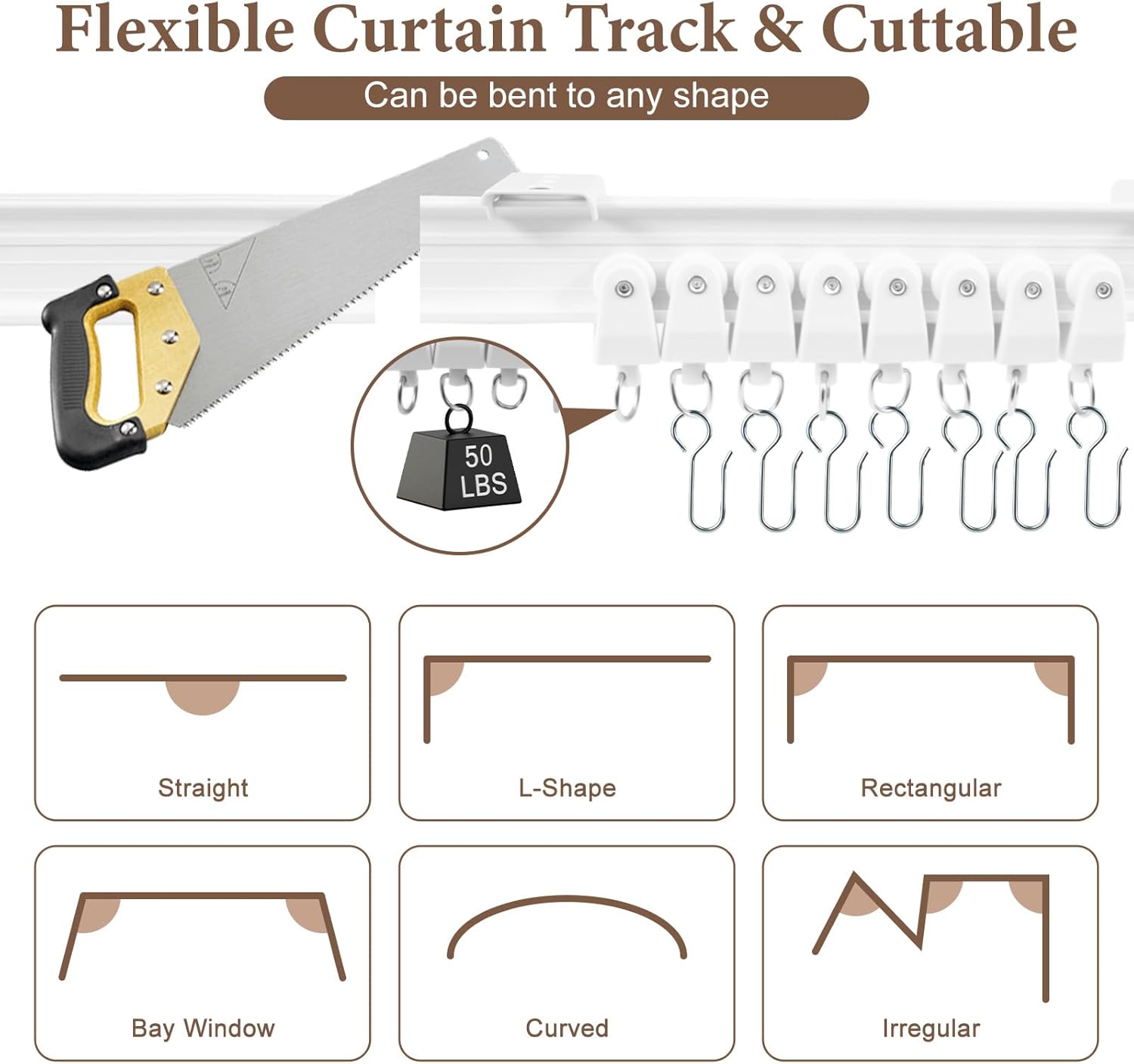 Flexible Ceiling Curtain Track, 16.4ft (5m) Curtain Track Ceiling Mount, Versatile for Window, RV, Bathroom, White
