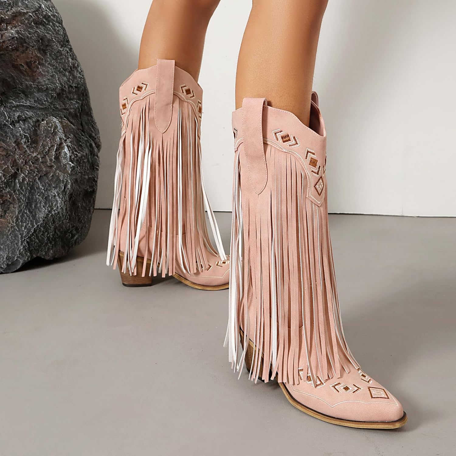 AIJIVOU Embroidered Fringe Cowboy Boots for Women, Pull On Mid Calf Chunky Block Heel Pointed Toe Western Cowgirl Boots Riding Country Boot Retro Boots