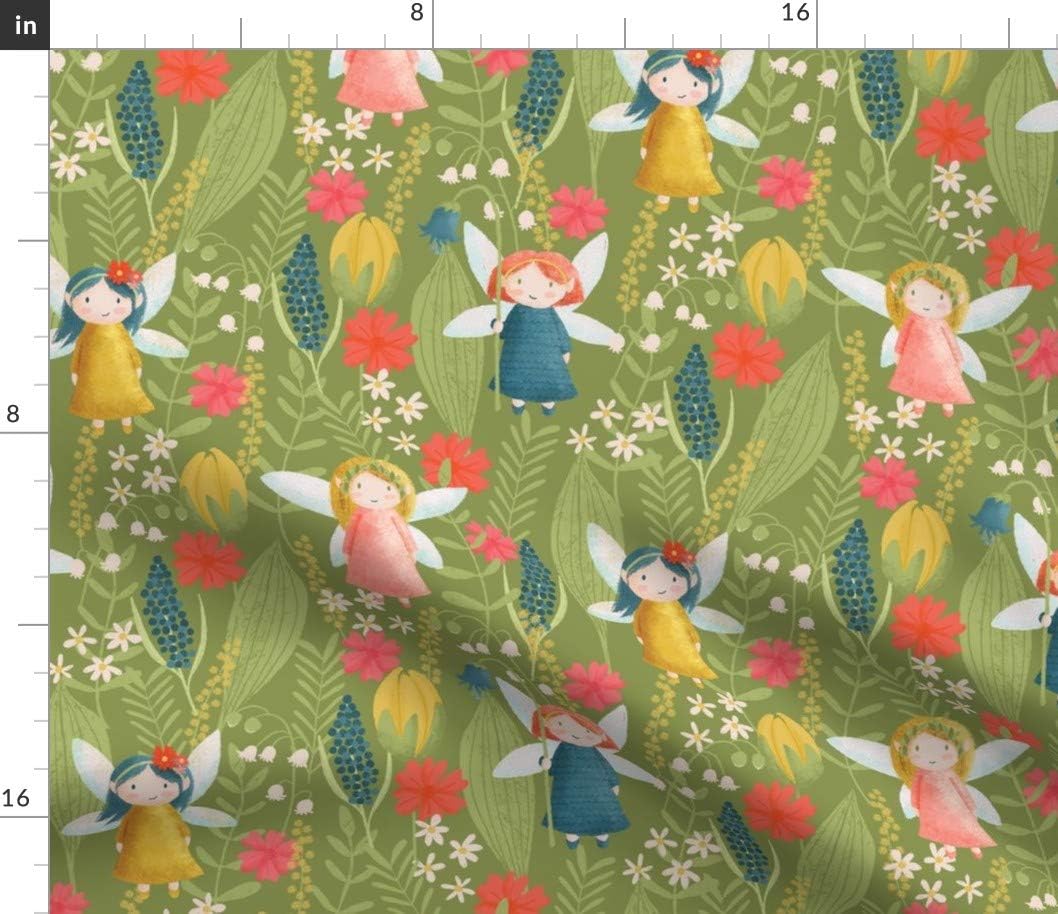 Spoonflower Fabric - Spring Fairies Green Blue Flowers Leaves Red Nature Plants Printed on Petal Signature Cotton Fabric by The Yard - Sewing Quilting Apparel Crafts Decor