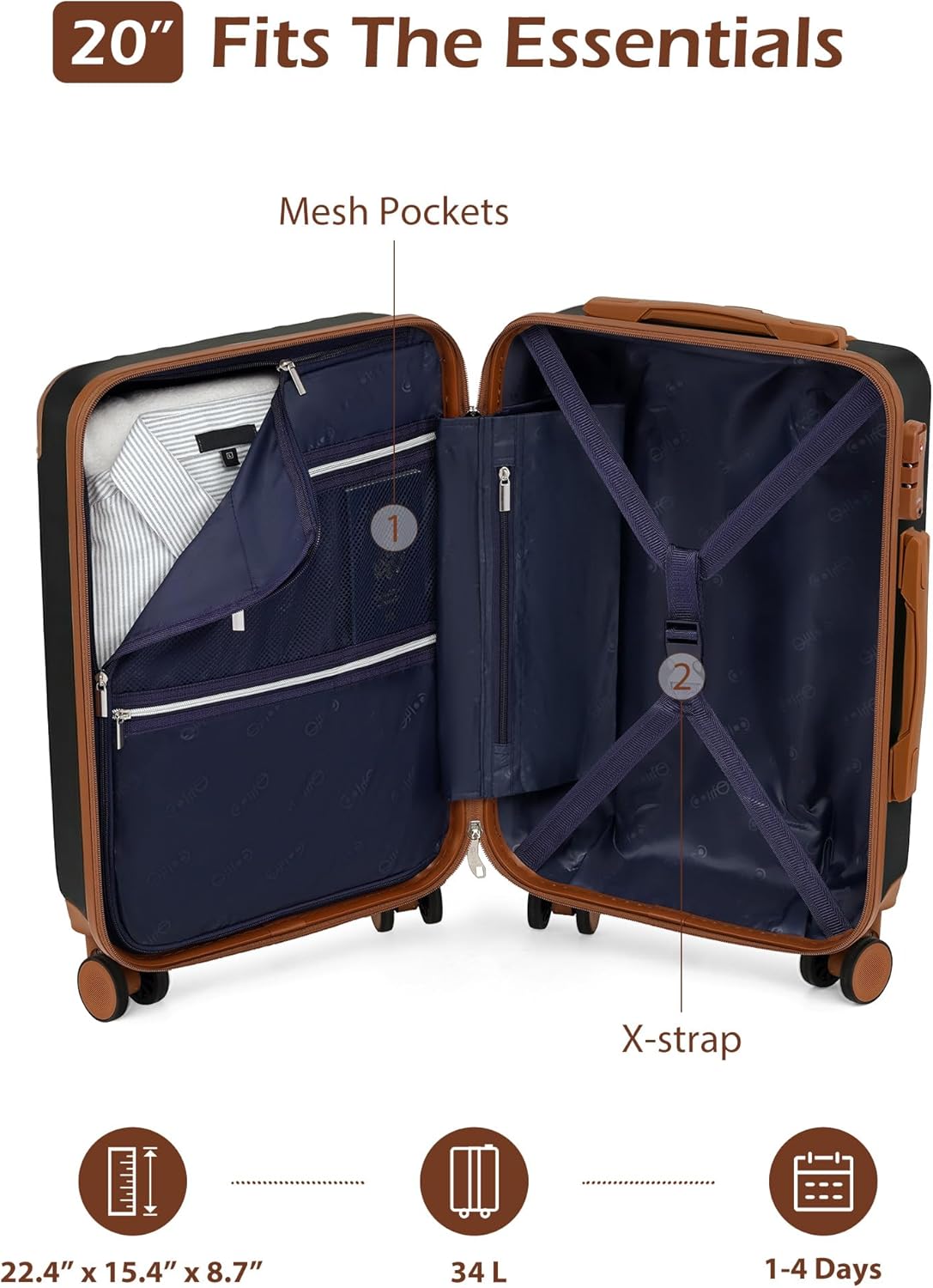 Coolife Carry On Luggage, Suitcase with Durable and Lightweight, carry on suitcase with ABS Hardshell, Dual Spinner Wheels, TSA Lock, and YKK Zipper (apricot black, S(20in)_carry on)