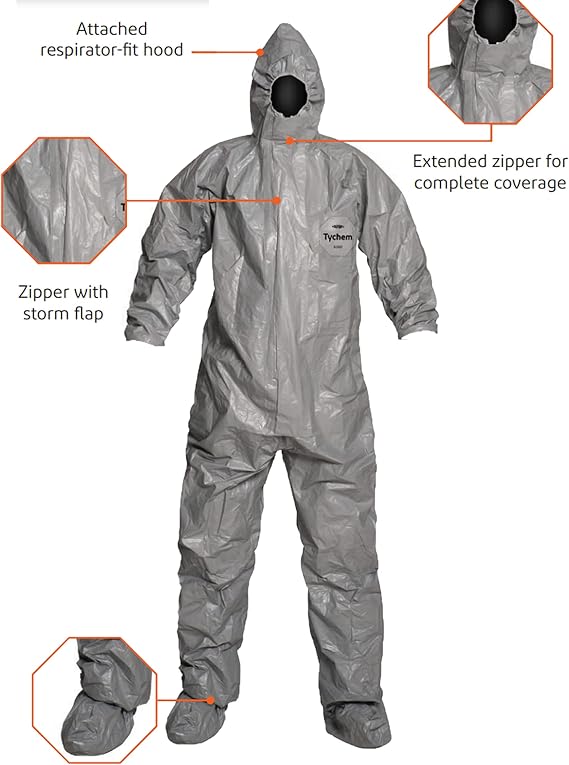 DuPont Tychem F 6000 Coveralls; Attached Boots, Hooded, X-Large