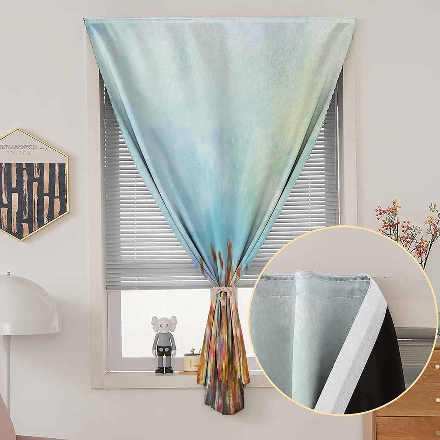Self Adhesive Portable Blackout Curtains, Watercolor Flower Room Darkening Curtains, Several Kind of Flower Bed in Sun Summer Print Temporary Blackout Blinds,47W x63L Inches, for Bathroom Bedroom