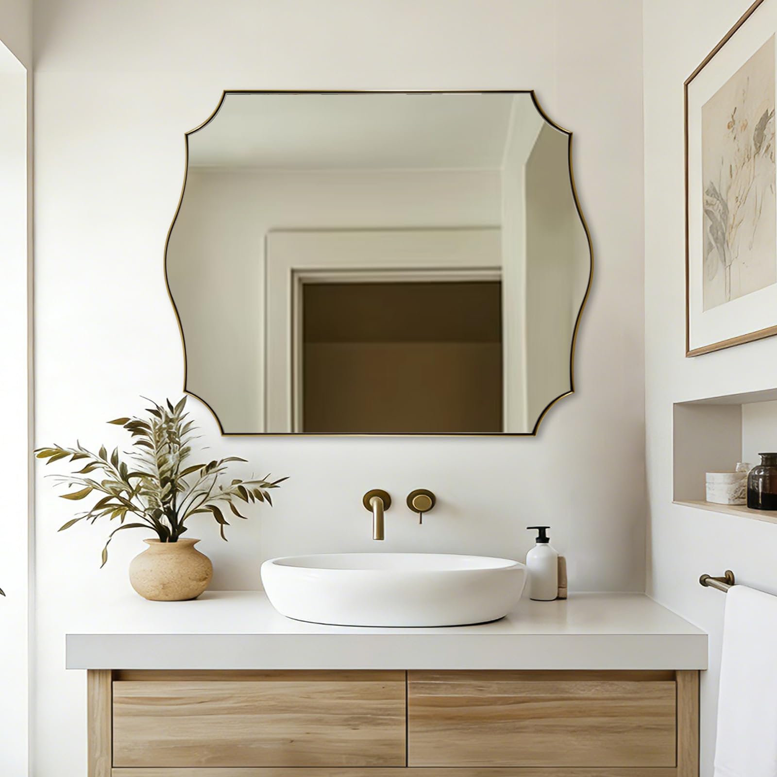 Photo 1 of ANDY STAR 32"x40" Brushed Gold Bathroom Mirror, Scalloped Mirrors for Wall, Large Champagne Bronze Mirror with Elegant Curved Scallop Design, Anti-Rust Stainless Steel Thin Frame