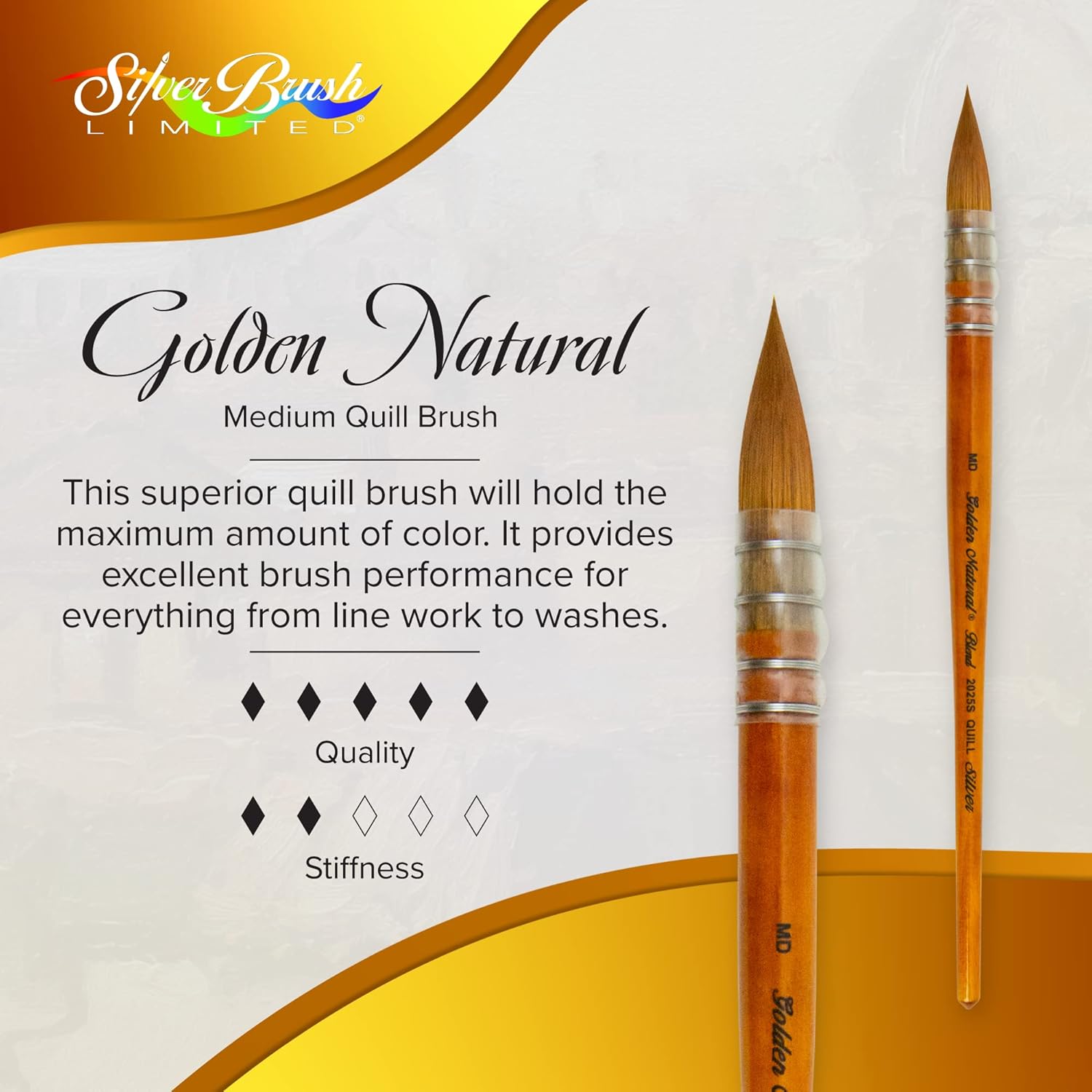 Silver Brush Limited 2025S-MD Golden Natural Quill Paintbrush for Oil, Acrylic, Watercolor, Gouache, Inks, & Dyes, Size MD, Short Handle