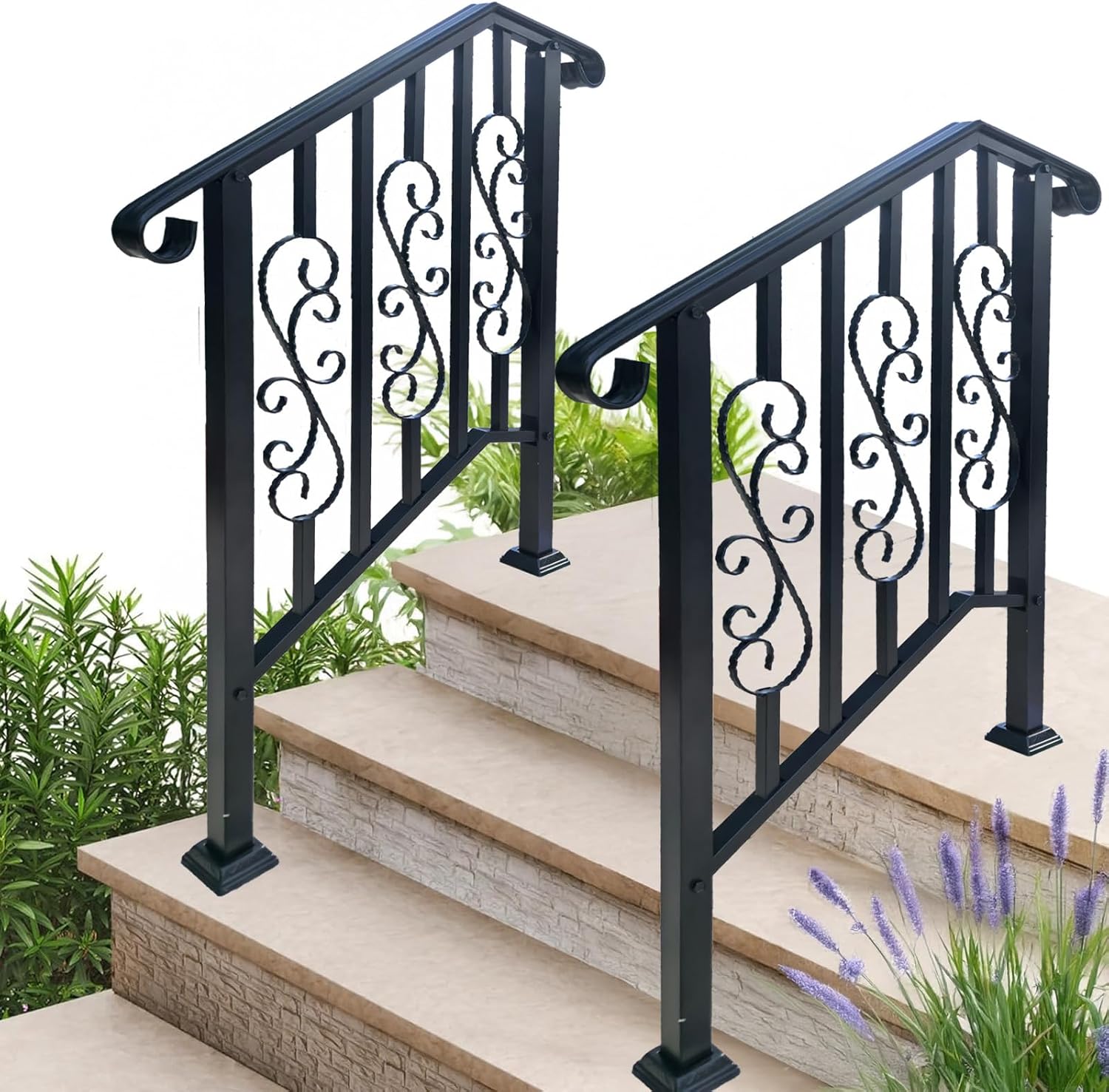 (2 Pack) Step Handrails for Outdoor Steps 2 Pack 3, Safety Outdoor Hand Rails for Exterior Steps, Black Wrought Iron Stair Railing Kit (2-3 Steps Handrail)