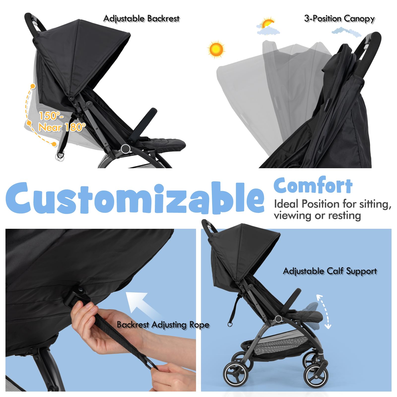 LIFEZEAL Cochecito de Bebé Plegable, Silla de Paseo Ligera con Respaldo Reclinable 150°-180°, Cochecito de Bastón con Toldo Ajustable, Arnés de Seguridad de 5 Puntos, Capacidad para 15 Kg (Negro)