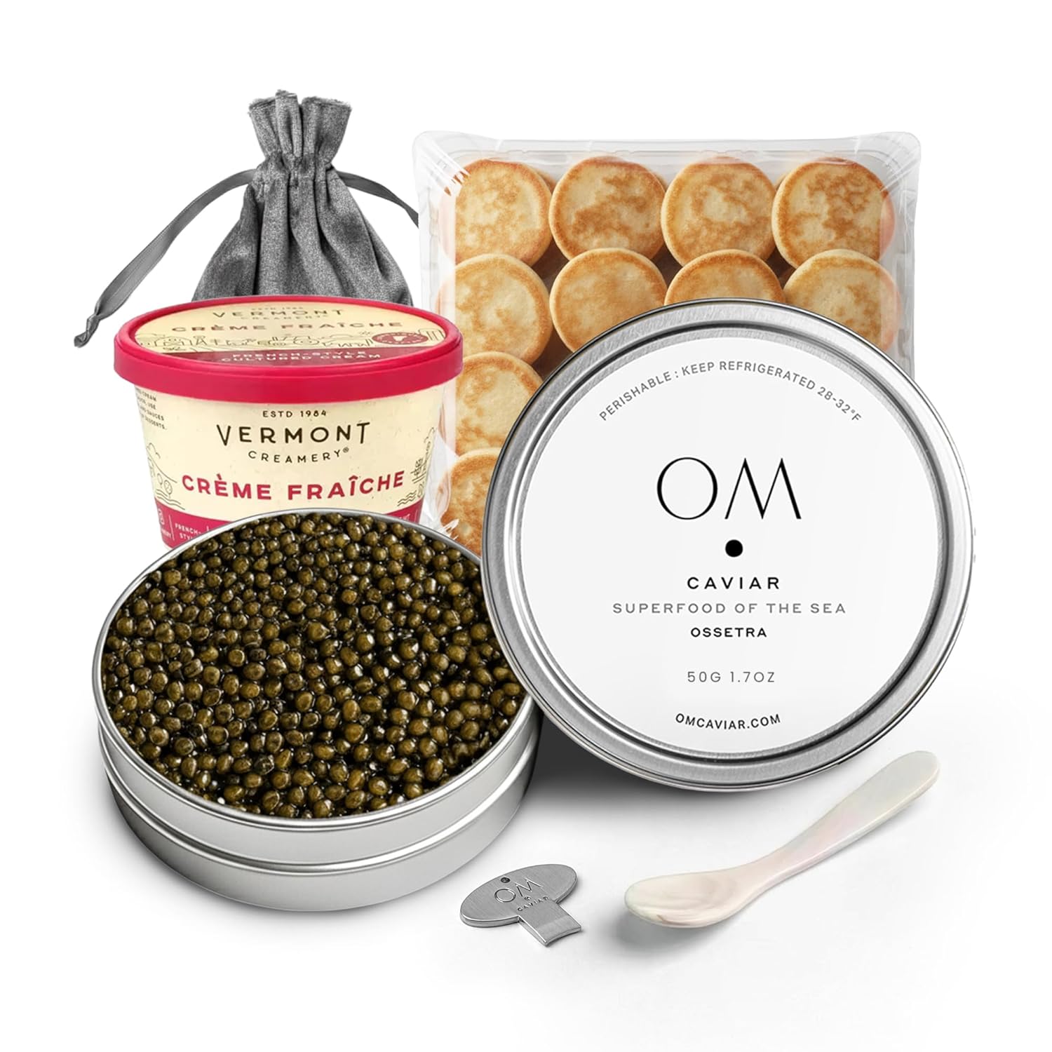 OM Ossetra Caviar Gift Set 50g – Premium Sustainably Farmed Sturgeon Roe – Includes Mother of Pearl Spoon & Tin Opener – Luxury Gourmet Seafood Delicacy for Holidays & Special Occasions