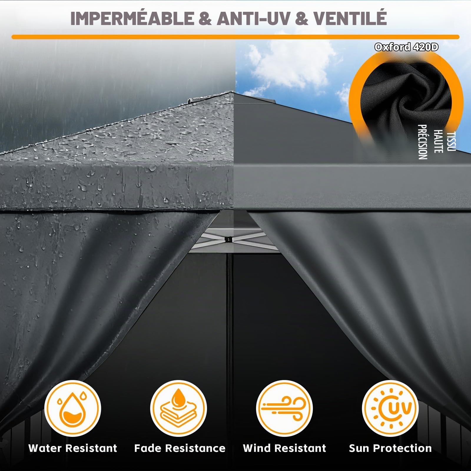 Tonnelle de Jardin 3x3m,Tente Pliante de Exterieur avec 4 Côtés、4 Sacs de Sable、Sac de Transport,Tonnelle Pliante Imperméable，Anti UV，Hauteur Réglable，Tente de Camping,Barnum,Anthracite