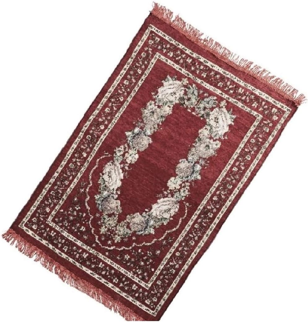 Sandala Thin Soft Chenille Islamic Floral Pattern Muslim Prayer Rug Ramadan Carpet Mat Mosque Tassel (Wine Red)
