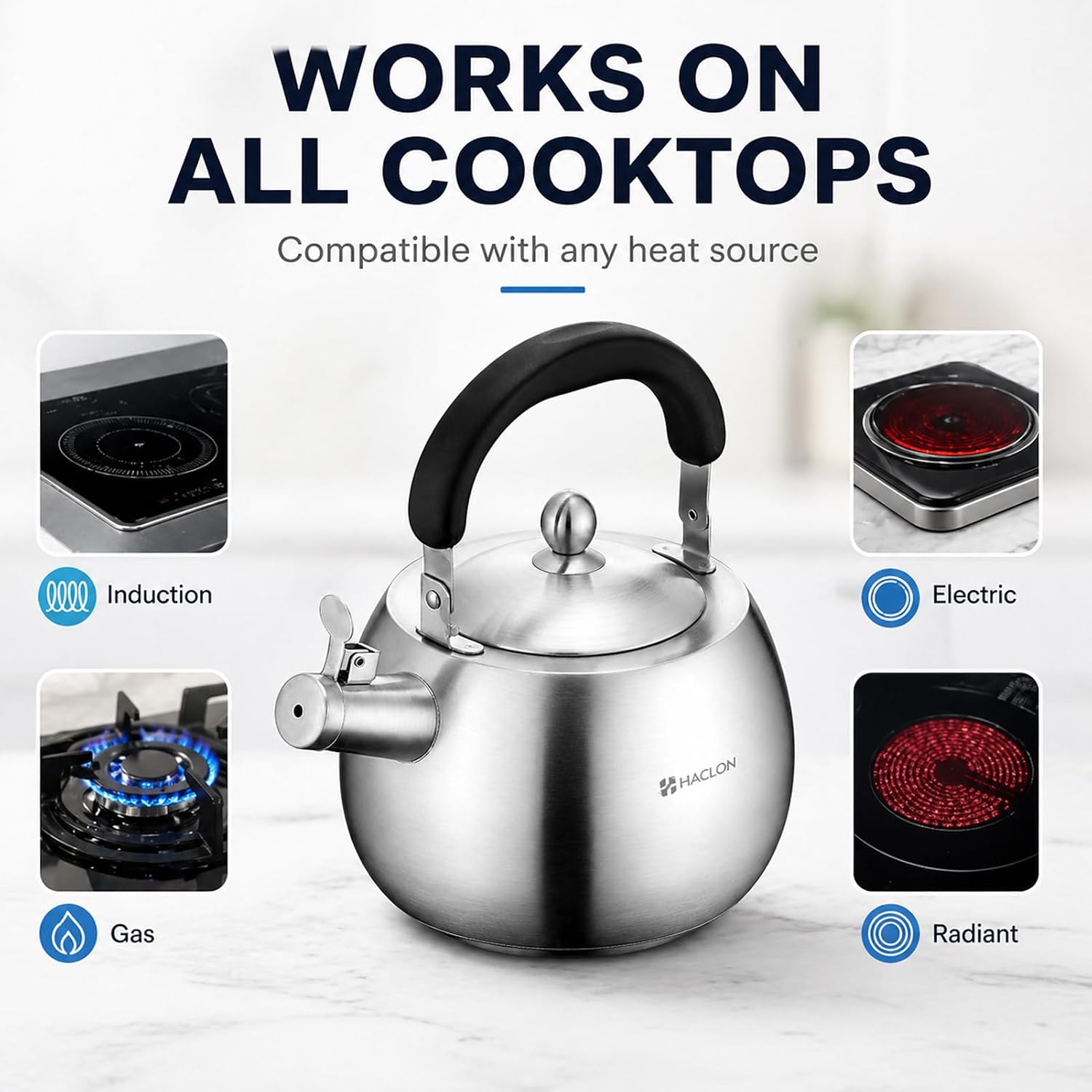 4.2QT 304 Stainless Steel Whistling Tea Kettle for Stovetop | Smooth exterior finish, solid steel construction. Universal cooktop fit for family life and camping activities.