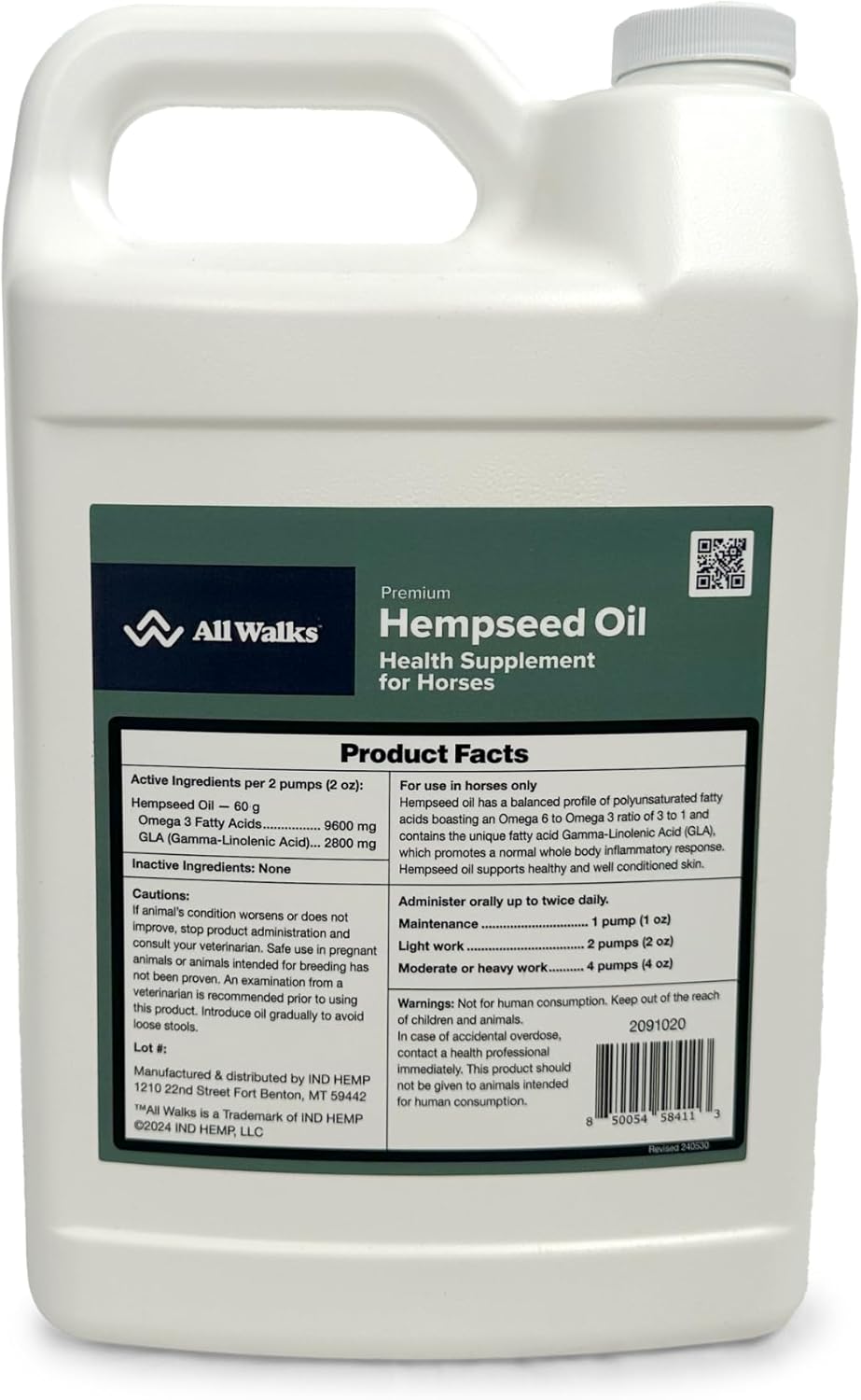 All Walks Hempseed Oil, 1 Gallon, Health Supplement for Horses, Support for Healthy and Well-Conditioned Skin