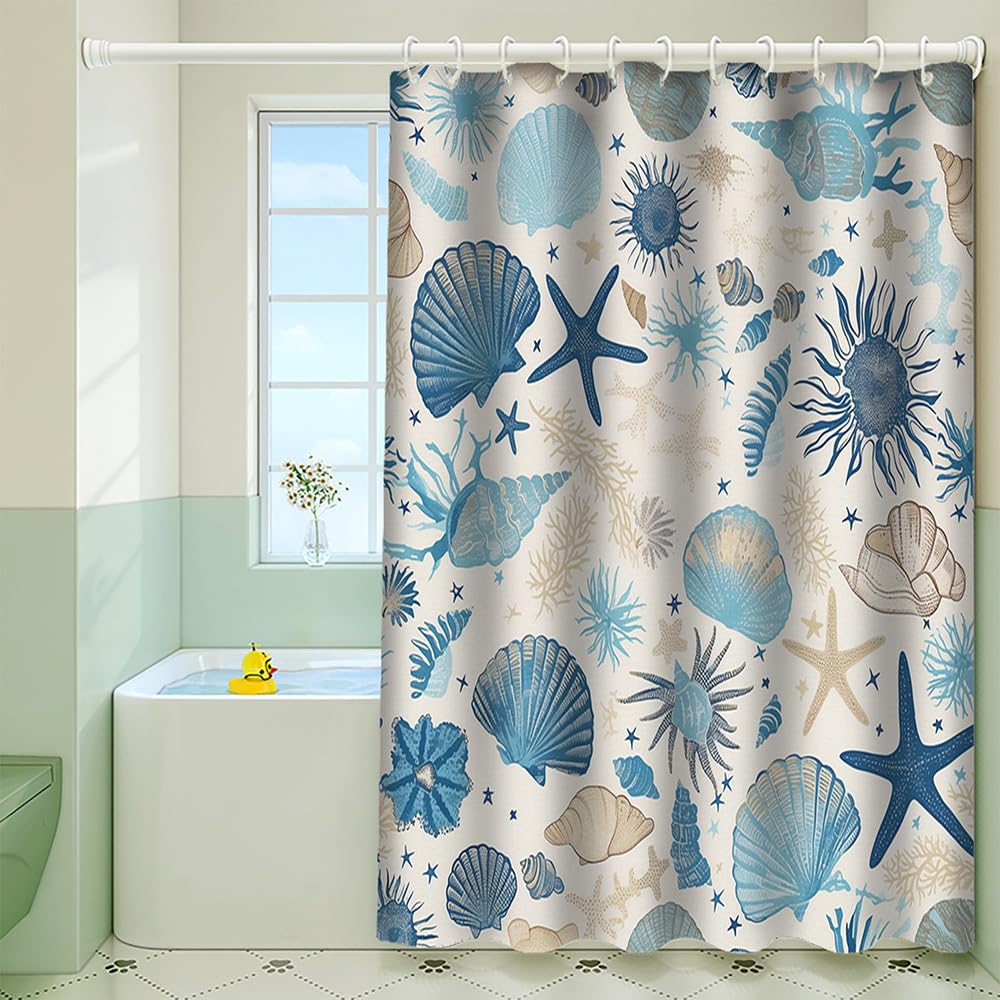 Duschvorhang „Unter dem Meer“ mit Muschel- und Seesternmotiv, Ozean-Print, Polyester, 3D-Digitaldruck, Badezimmervorhang mit Haken (180 x 300 cm / 71 x 118 Zoll (B x H))