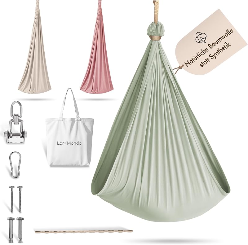 Lori Mondo Hängeschaukel – Gemütliche Indoor Schaukel aus Baumwolle für entspannte Momente, inkl. Montageset und Baumwolltasche (Salbeigrün)