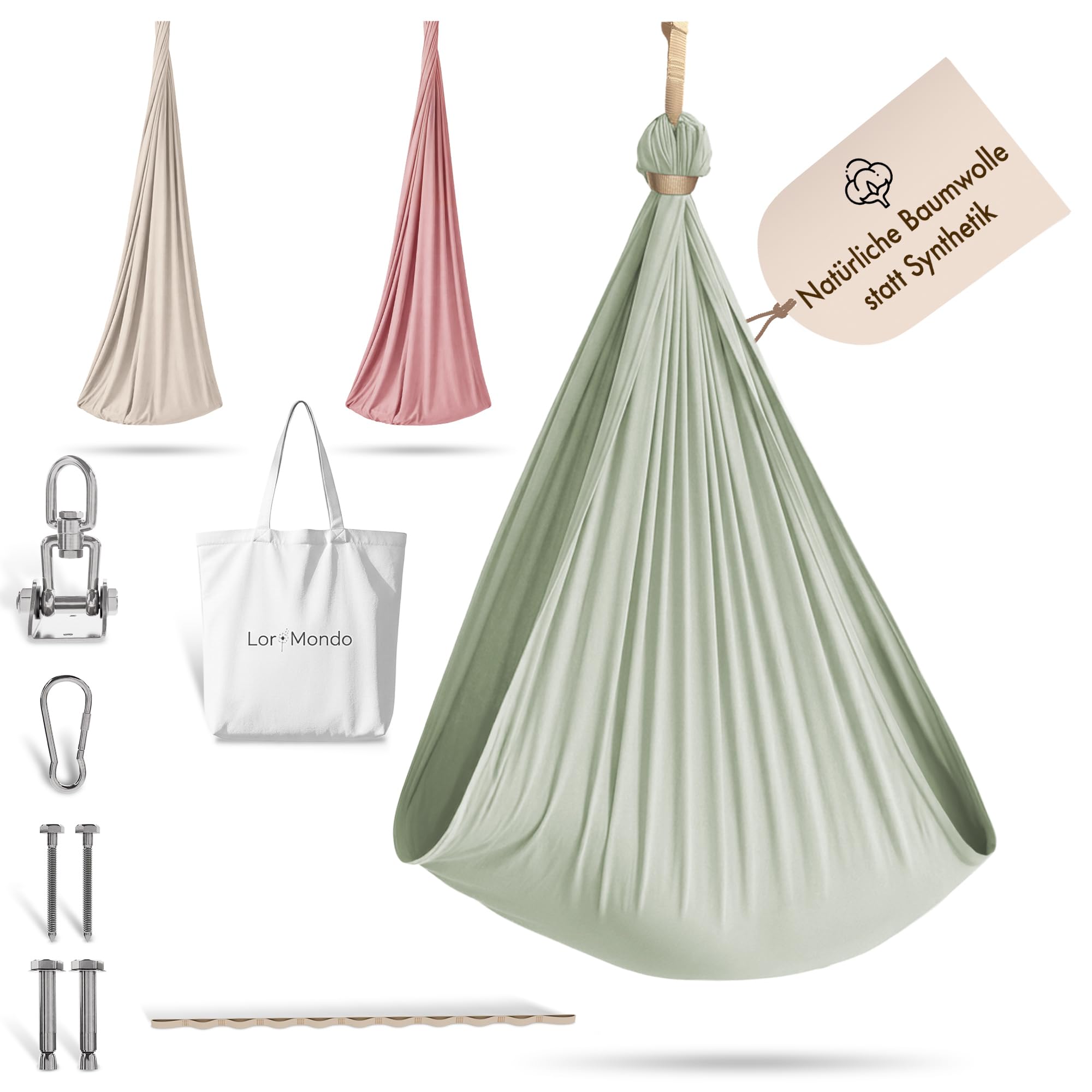 Hängeschaukel – Gemütliche Indoor Schaukel aus Baumwolle für entspannte Momente, inkl. Montageset und Baumwolltasche (Salbeigrün)