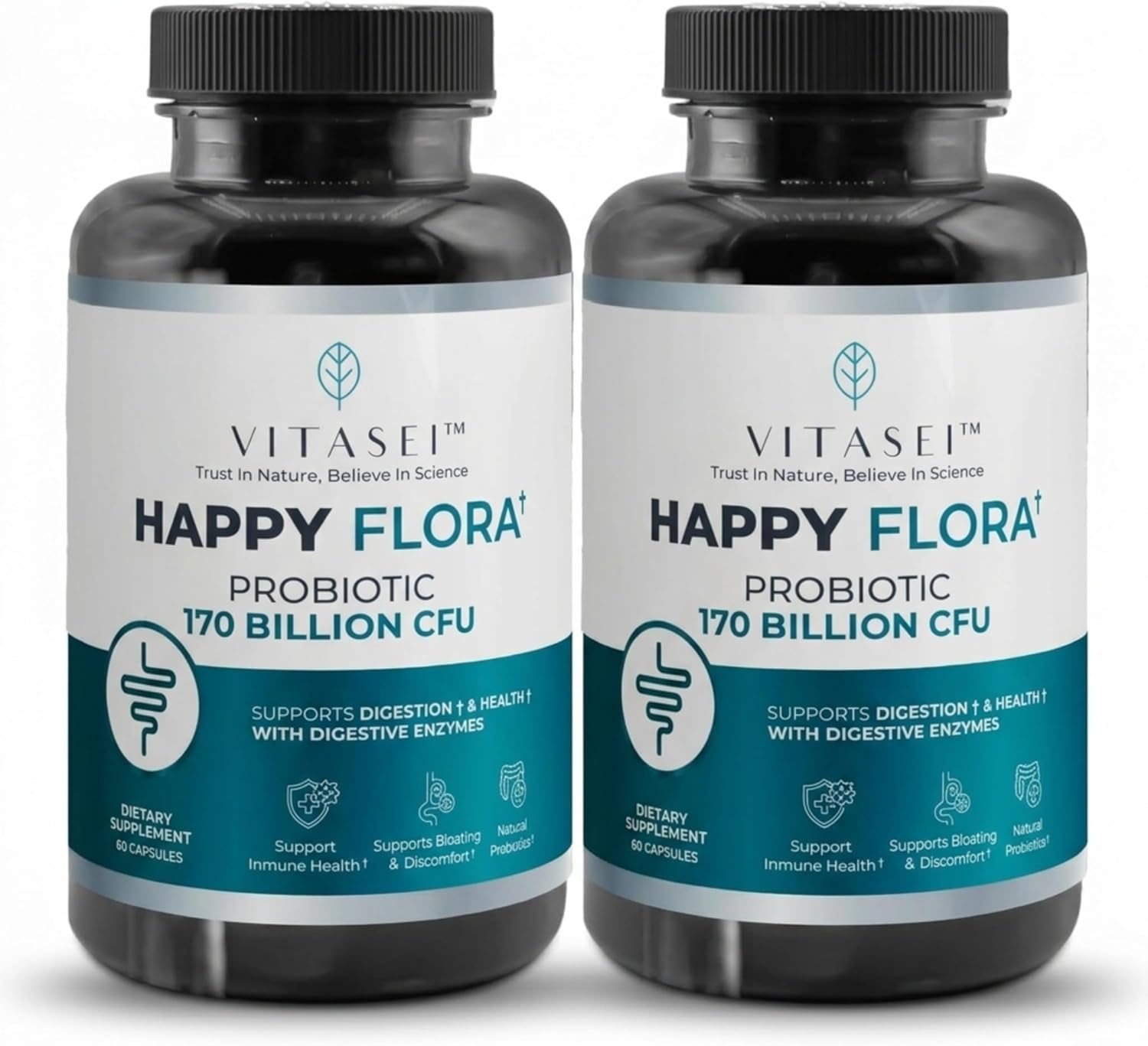 VITASEI Happy Flora, Probiotic Supplement 170 Billion CFU for a Healthy Gut Health with enzymes for Digestion, probiotics for Women and Men, 2 Bottle - 120 Capsules