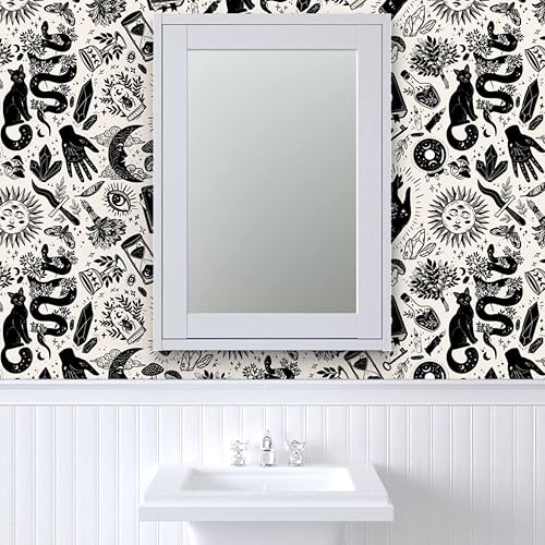 Miniatura 9 de Spoonflower Papel tapiz para despegar y pegar, color negro, blanco, gótico, gótico, mágico, de Halloween, bruja, monocromático, extraíble,