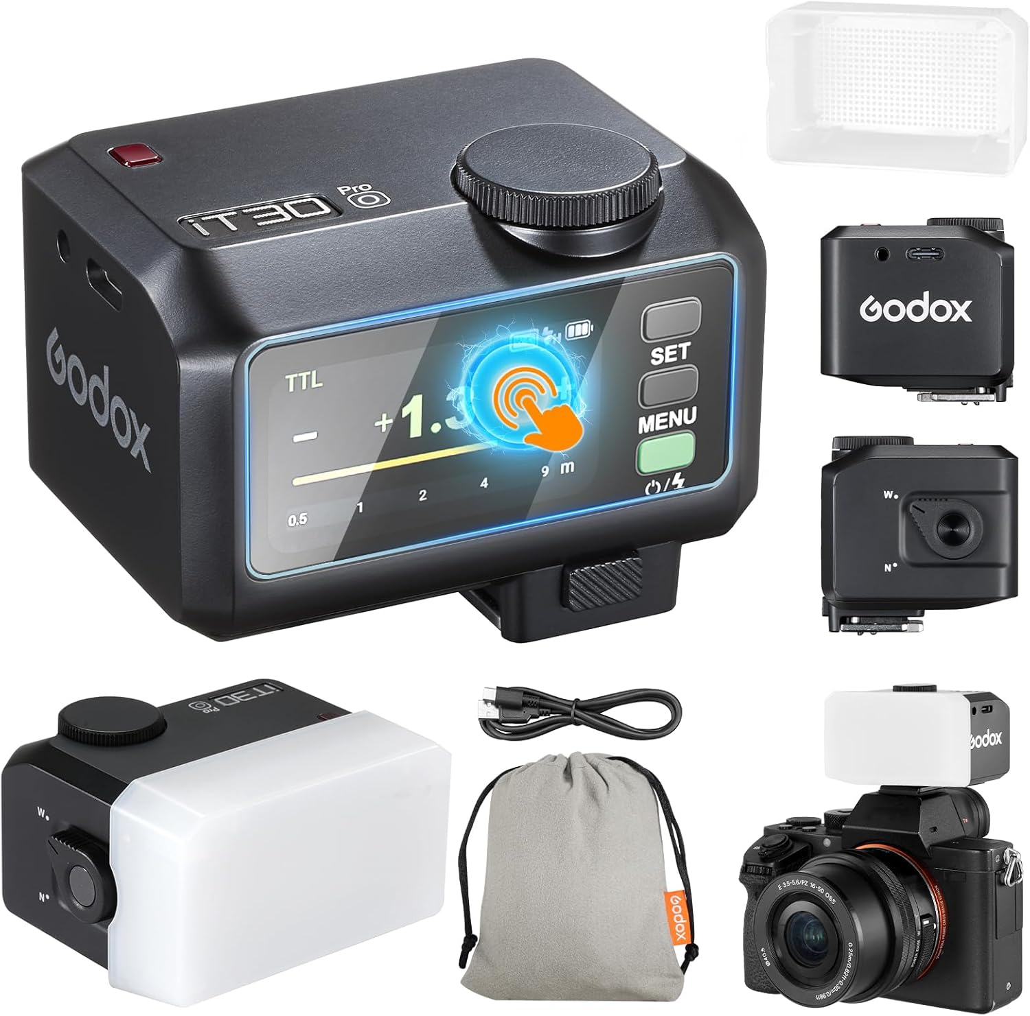 Godox iT30Pro-O iT30Pro O Mini Camera Flash with White Diffuser Speedlite Camera Flash 560 Flashes at Full Wireless Master & Receiver Power 2.4G TTL Touchscreen for Olympus Panasonic DSLR (Black)