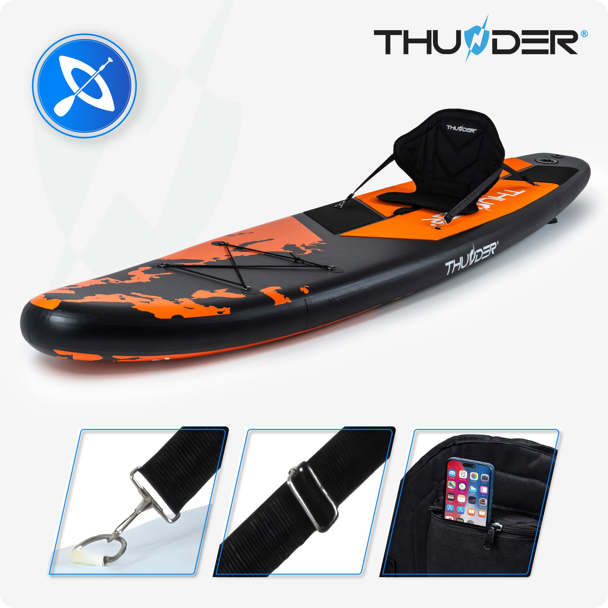 THUNDER SUP Board 365 cm, Aufblasbar mit Kajaksitz, Orange/Schwarz, Earth