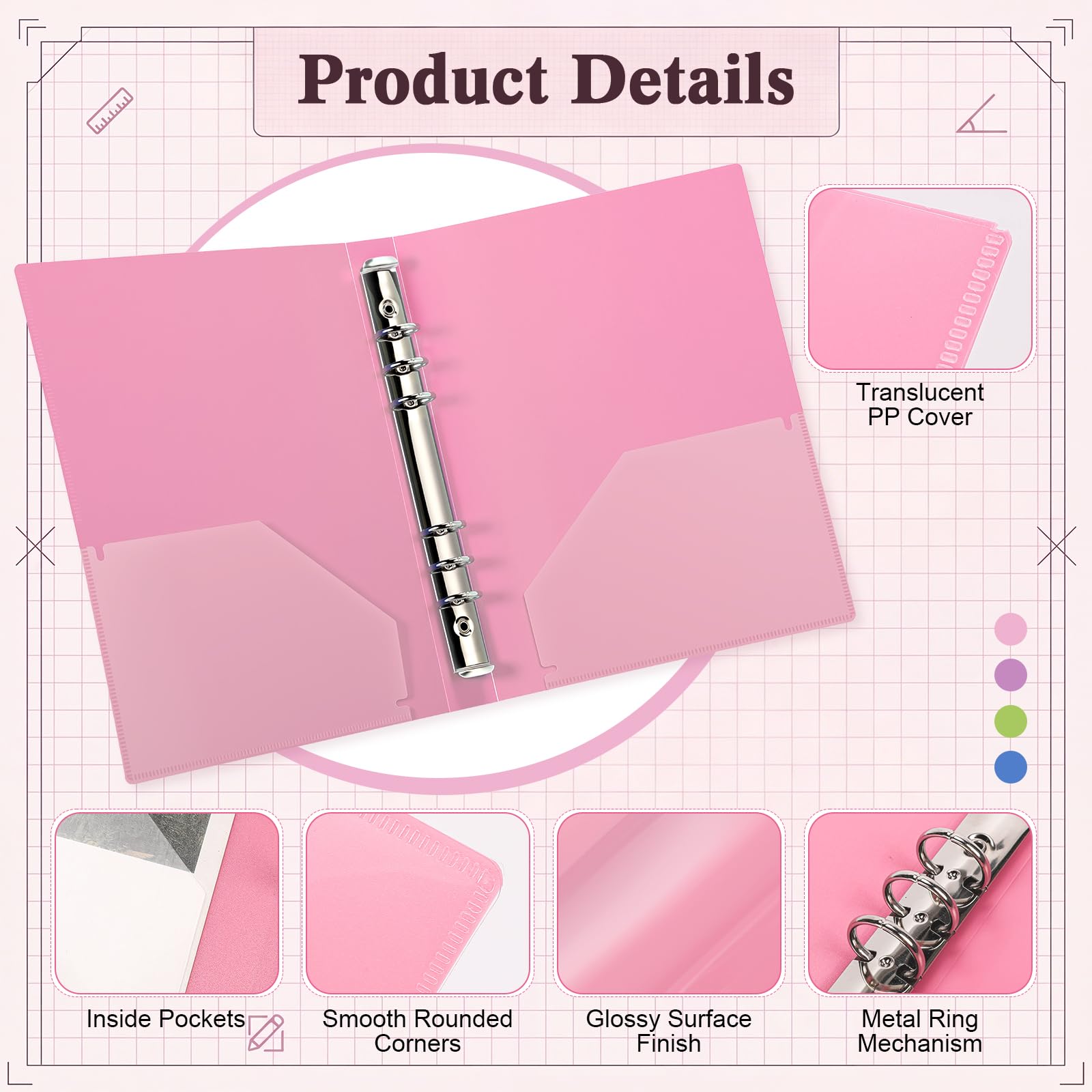 ReliThick Kleine Ordner für Halbbriefpapier, 21,6 x 14 cm, PP, 3-Ring-Mini-Ordner-Set, 225 Blatt, 2 transparente Taschen, Notizbuch-Organizer für Schulbedarf, Büro, Zuhause, Scrapbooking, 4 Farben, 16