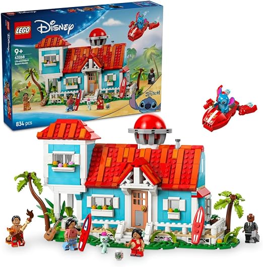 LEGO ǀ Disney Domek na plaży Lilo i Stitcha, prezent dla 9-latki, dla dziewczynki, chłopca i starszych fanów Disneya, zabawka konstrukcyjna dla dziecka, zestaw z filmu z 5 minifigurkami 43268