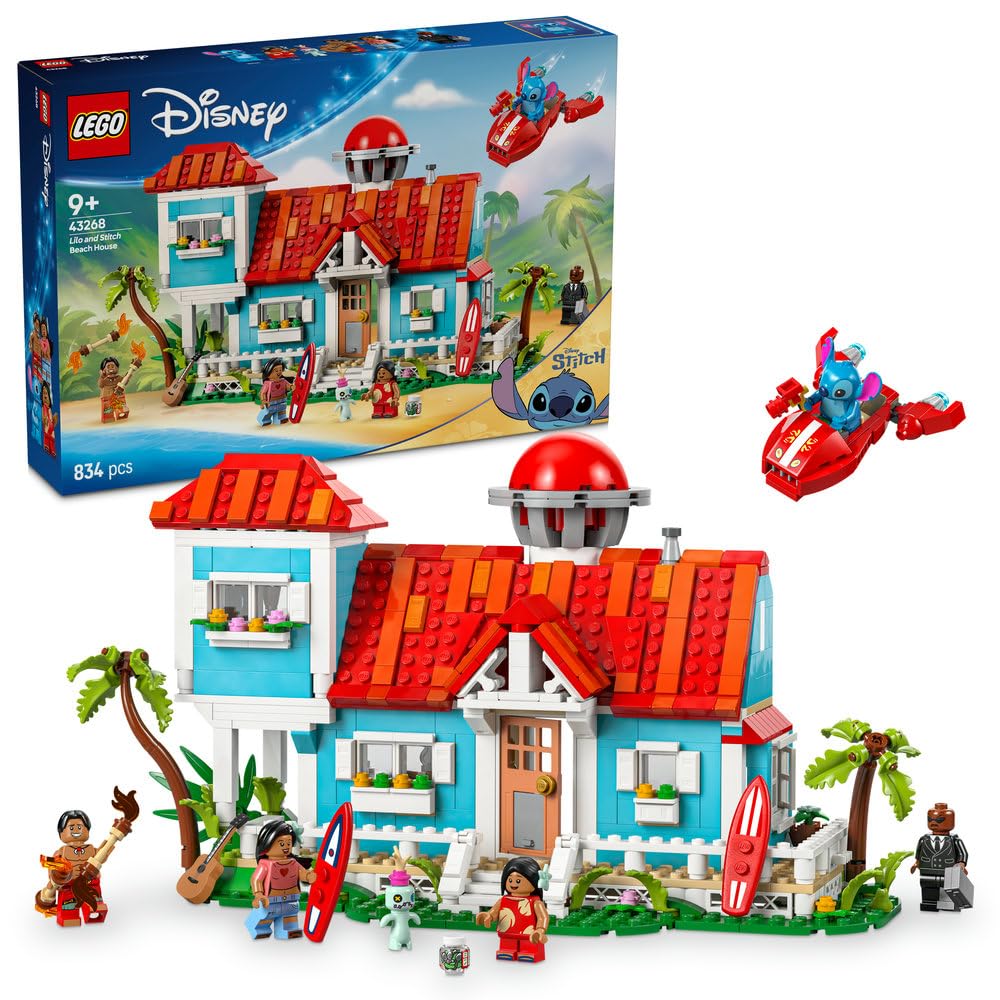 LEGO ǀ Disney Domek na plaży Lilo i Stitcha, Zabawka Konstrukcyjna dla Dziecka, dla 9-latka i Starszych Fanów Disneya, Prezent dla Dziewczynki i Chłopca, Zestaw z Filmu z 5 Minifigurkami 43268