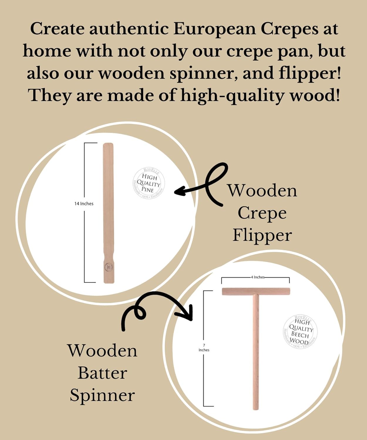 Royelle | Handmade Cookware | High-Quality Materials | Durable | Made of High Quality Aluminum and Wood | Crepe Pan Set | Includes a Crepe Pan, 18in Wooden Flipper, and Wooden Spinner