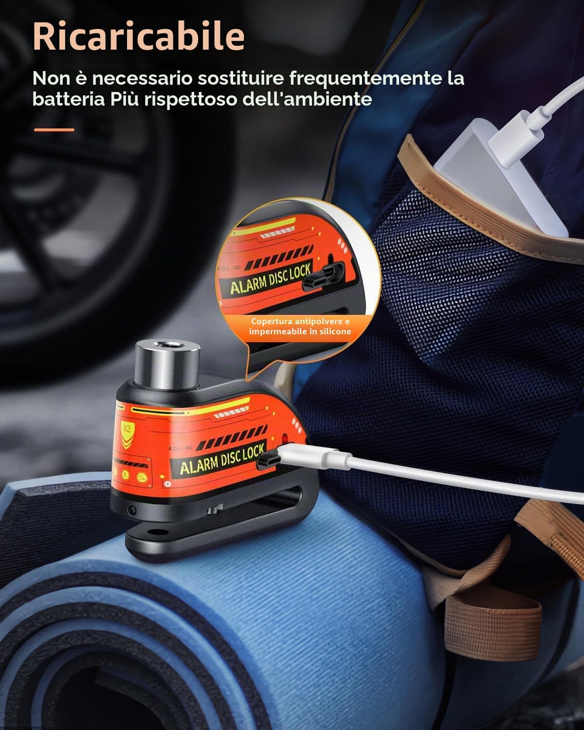 ZEXMTE Blocco freno a disco impermeabile per moto con allarme 120dB | Allarme per moto ricaricabile, blocco freno a disco con cavo antifurto in filo di acciaio da 1,8 m, per moto e scooter da 7