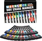 Marqueurs Effaçables à Sec Magnétiques, 12 Couleurs Pointe Fine (1-2mm) Marqueurs pour Tableau Blanc avec Capuchons Effaceurs, Faible Odeur Stylos à Pointe Fine pour Calendrier, Papier, Réfrigérateur, Verre, Réfrigérateur (12 unités 12 couleurs)