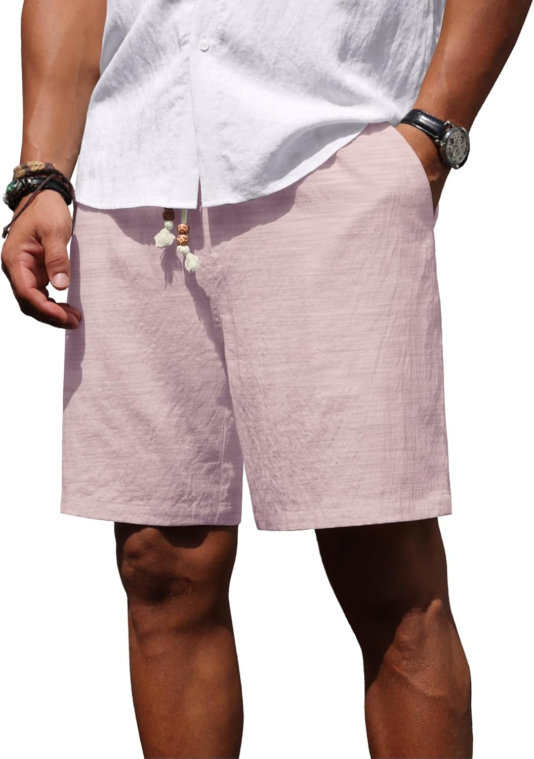 Sailwind Men’s Linen Shorts Casual Summer Elastic Waist Drawstring Lightweight Beach Vacation Shorts with Pockets
