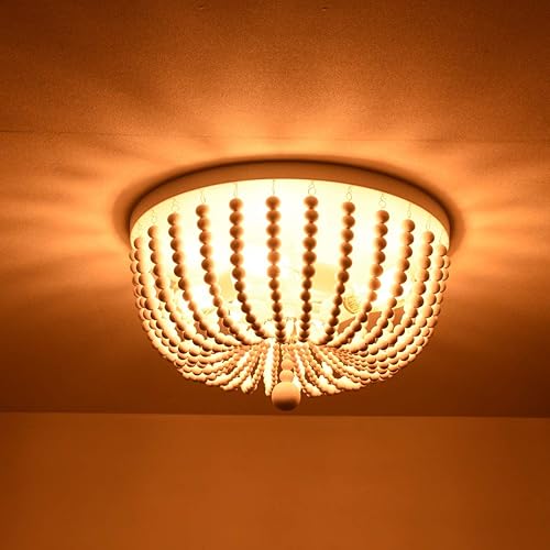 Miniatura 6 de ALICE HOUSE Luz de montaje empotrado de 18 pulgadas, candelabro rústico de cuentas de madera blanca, lámpara de techo de 4 luces para entrada,