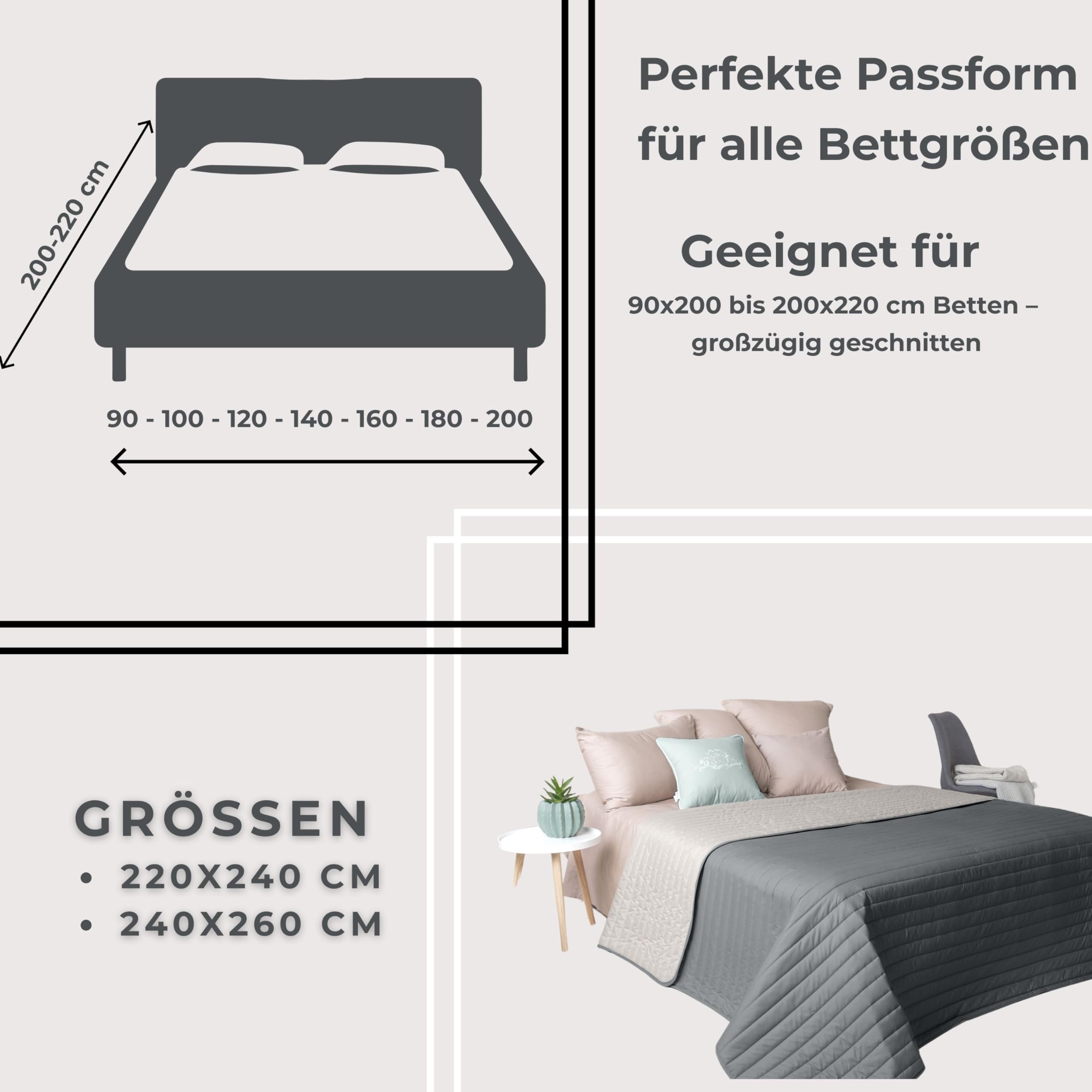 sei Design Luxus Tagesdecke 240x260 – Kuscheldecke & Überwurfdecke Beige - Grau – Sofadecke, Bettüberwurf & Deko für Schlafzimmer – Steppdecke flauschig, Wendedecke modern