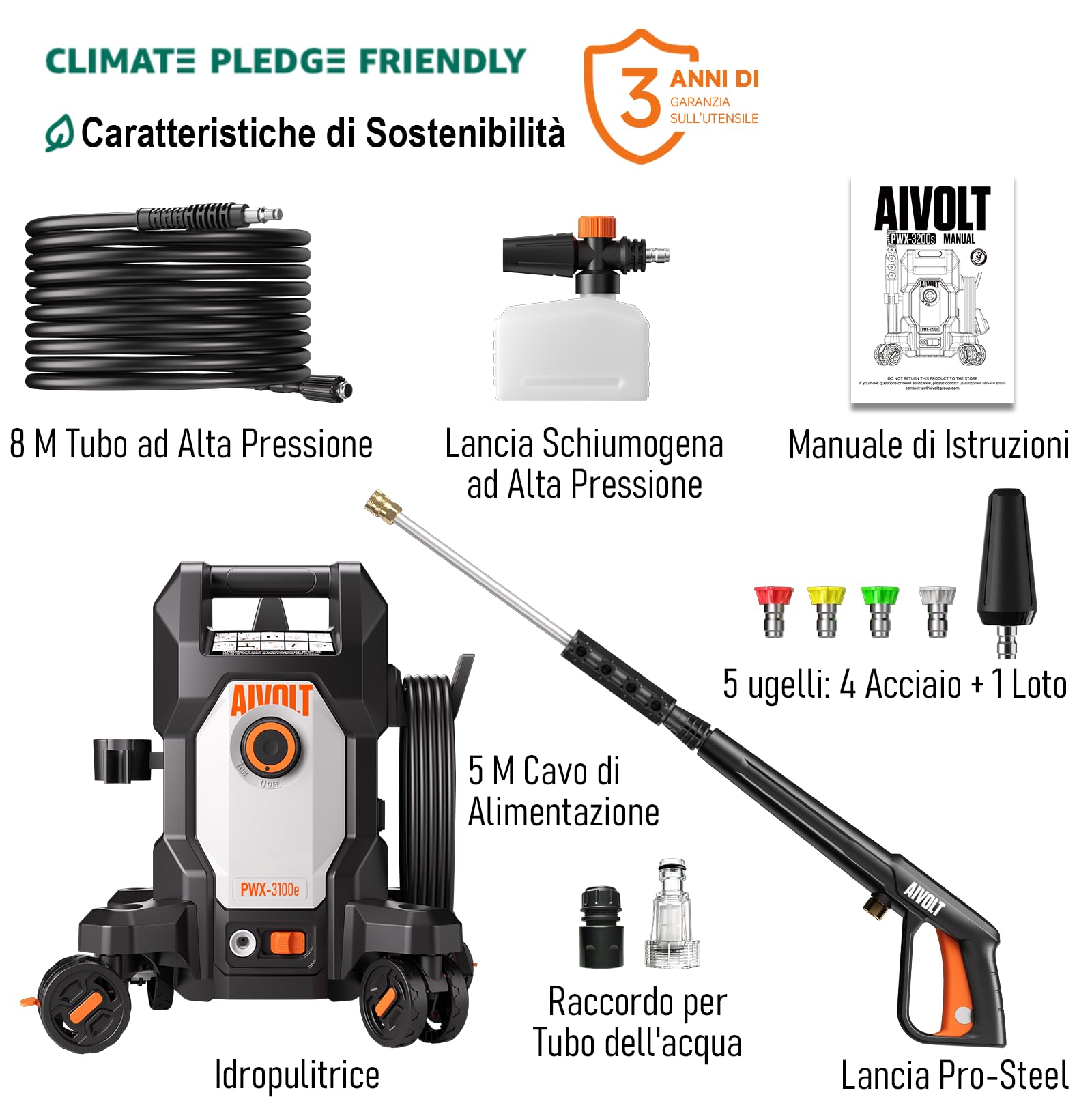 AIVOLT Idropulitrice ad Alta Pressione da 1800W, 170 Bar | con 5 Ugelli di Diversa Modalità, Tubo Flessibile da 7,6 Metri, Portata Massima 360 L/H, per Pavimenti, Finestre, Auto, ecc.