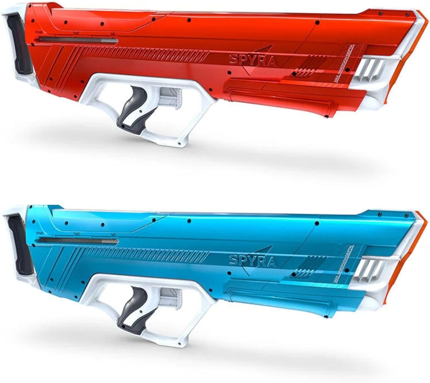 SPYRA 2 Pack Manual Water Blaster with Tank Indicator, 30 Foot Range, and Smart Filter for Backyard Pool Activity, SpyraLX, Blue and Red