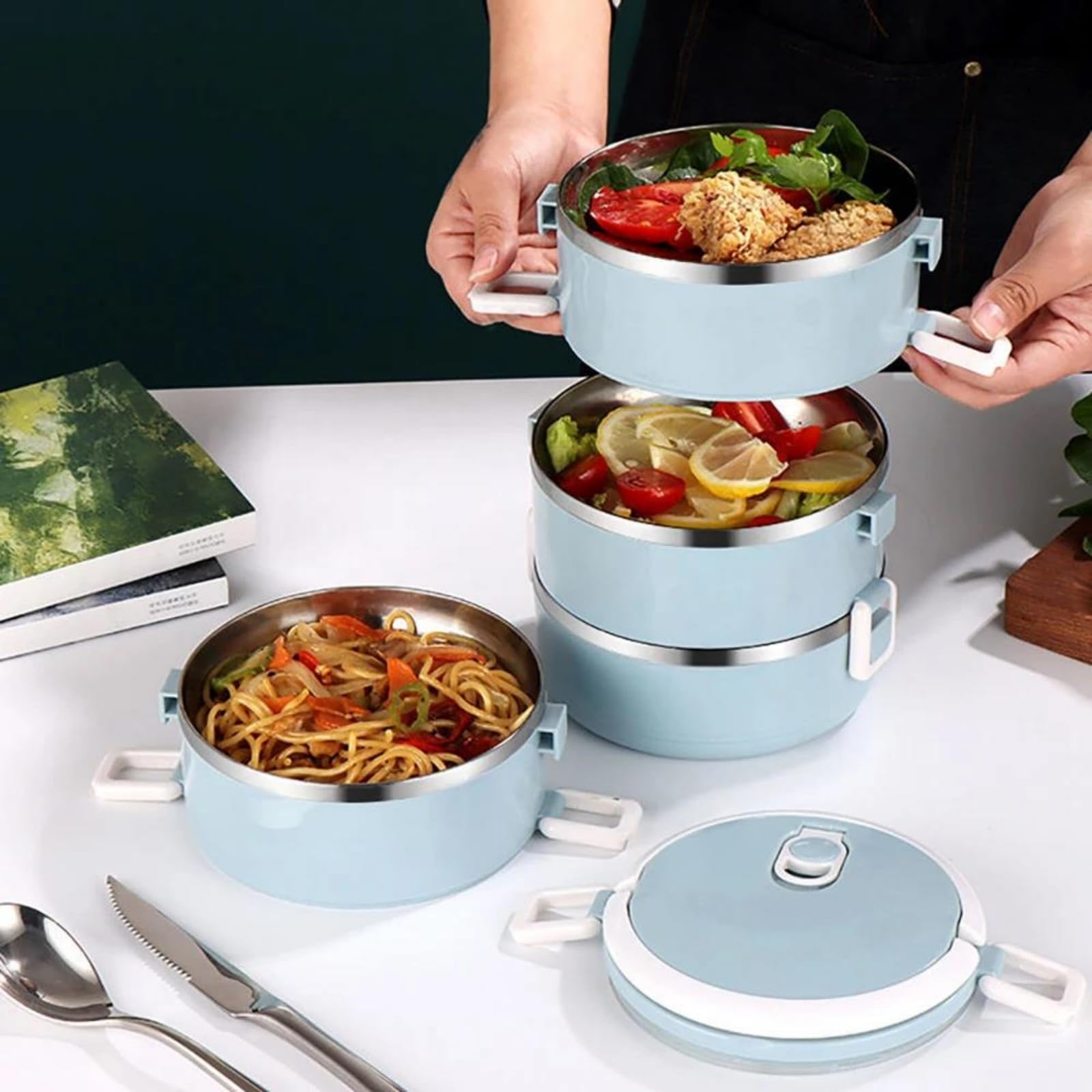 Stakowana lunchbox ze stali nierdzewnej 304 z ukrytym uchwytem, 3-warstwowy szczelny pojemnik na jedzenie, przenośny izolowany Bento Box do biura, szkoły, na piknik i podróż,Pink