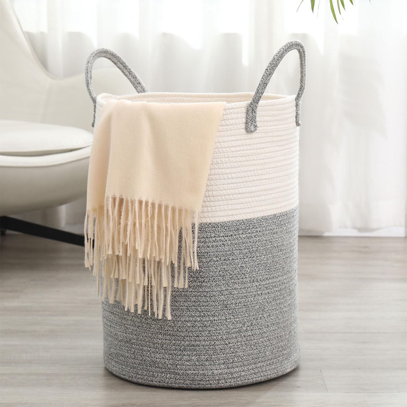 Panier à linge tressé 60L avec anse en coton pour buanderie