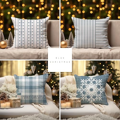 Miniatura 2 de Juego de 4 fundas de almohada decorativas de Navidad a rayas azules de 18 x 18 pulgadas, diseño de copos de nieve, búfalo, Papá Noel, Feliz Navidad,